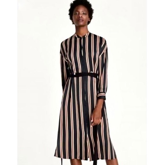 ZARA 'Silky Feel' Striped Long Sleeve Button Up Midi Dress with Tie Belt - S - Picture 1 of 14